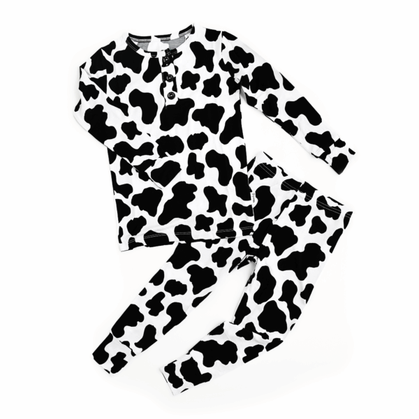 Cow print pajamas for kids, top and bottom set.