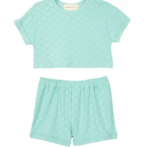 Mint green kids' outfit with floral pattern.