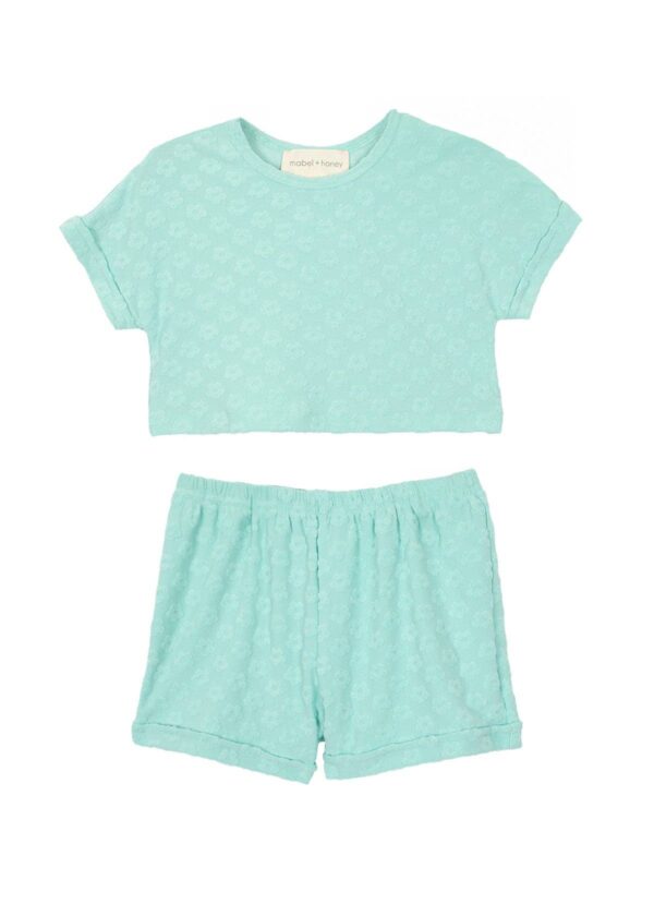 mabel + honey beachside two piece set Mint green kids' outfit with floral pattern.