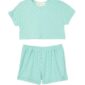 Mint green kids' outfit with floral pattern.