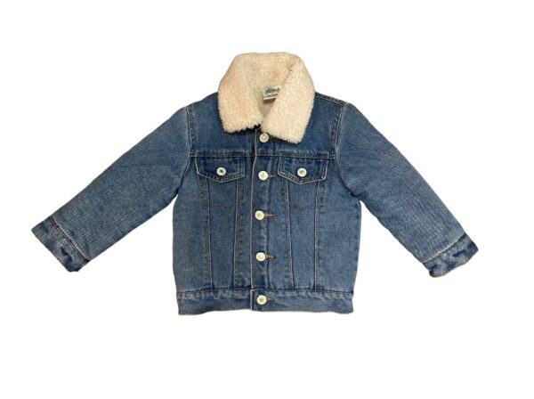 shea baby boys denim wool jacket Blue denim jacket with white fleece collar.