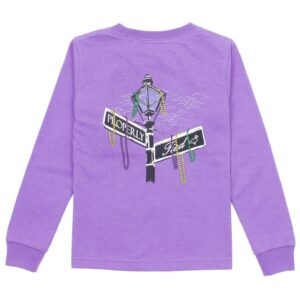 Purple shirt with street sign graphic and beads