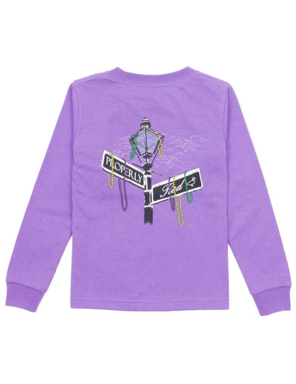product Purple shirt with street sign graphic and beads