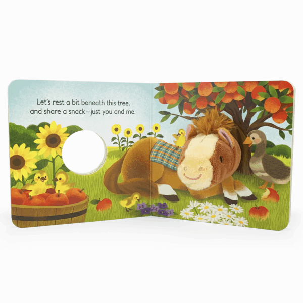 cottage door press a little horse finger puppet board book Illustrated horse and duck beneath tree with apples.