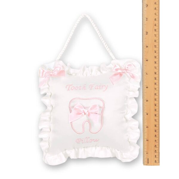 bearington collection le petite tooth pillow pink White tooth fairy pillow with pink bows and ruler.