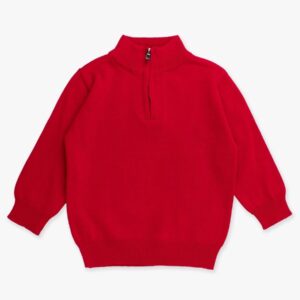 Red sweater with zip collar.