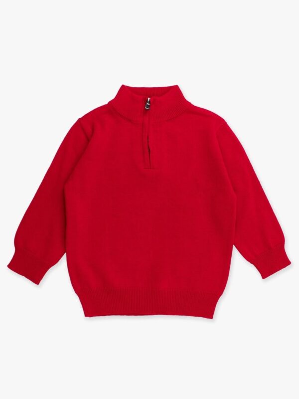 Red sweater with zip collar.