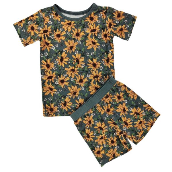 little one shop sunflower meadow bamboo shorts set Floral print children's pajama set with sunflowers.