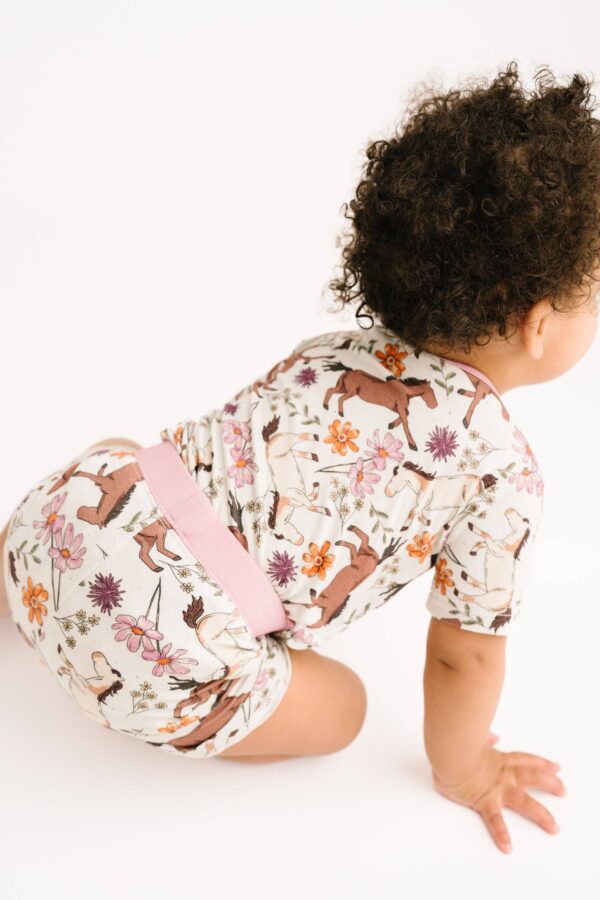 little one shop prairie ponies bamboo shorts set Baby in floral horse-print romper crawling