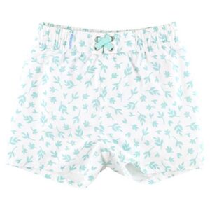 White shorts with blue floral pattern.
