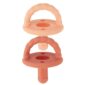 Two silicone baby teething toys stacked together.