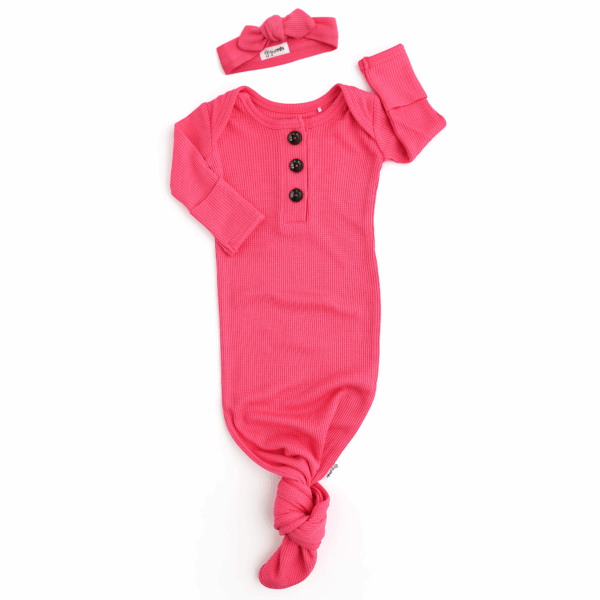 gigi and max raspberry gown newborn pink waffle baby outfit Pink baby gown and matching headband with buttons
