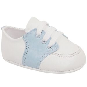 White baby shoe with blue accents