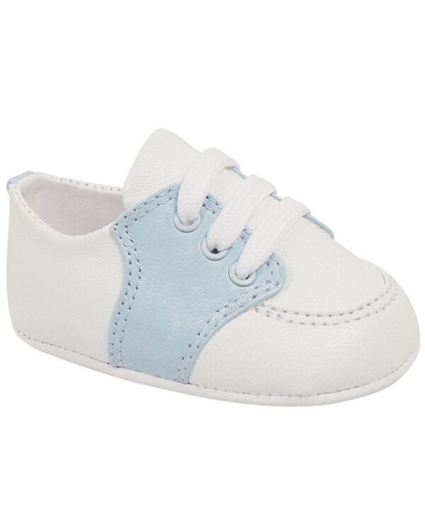 White baby shoe with blue accents
