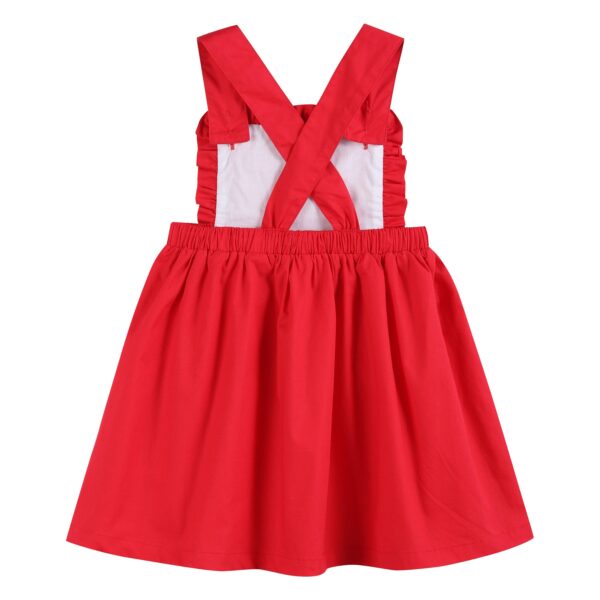 lil cactus red ruffle jumper dress with santa claus peter pan collar long sleeve tee Red dress with crisscross straps, rear view.