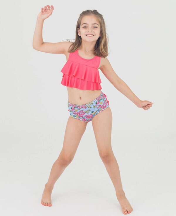 rufflebutts cheerful blossoms flounce bikini Girl in colorful swimsuit posing happily.