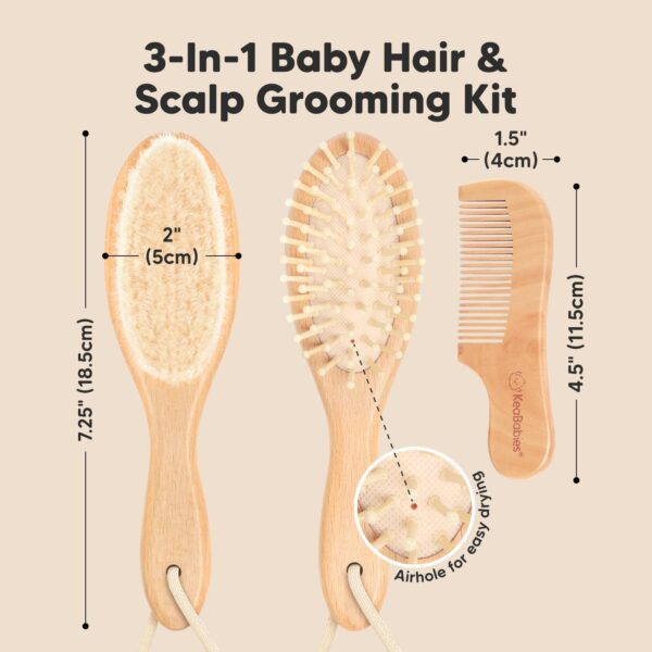 keababies keababies baby hair brush and comb set: walnut 3-in-1 baby hair grooming kit with measurements.