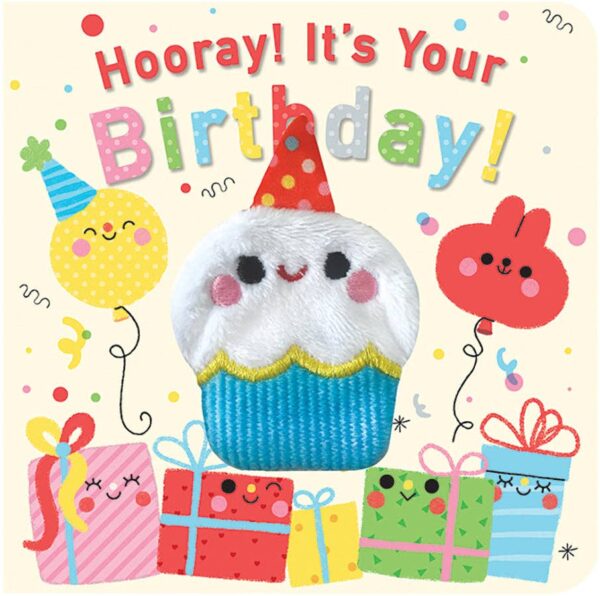 cottage door press hooray! it's your birthday! Colorful birthday card with smiling cupcake and gifts.