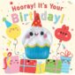 Colorful birthday card with smiling cupcake and gifts.