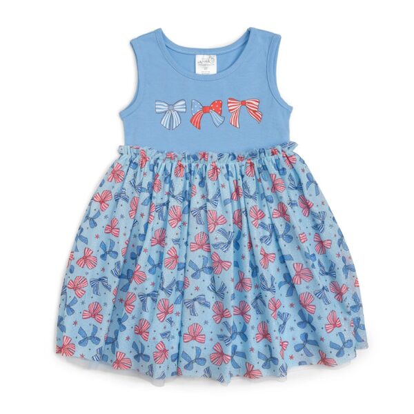 Blue dress with red and blue bow pattern.