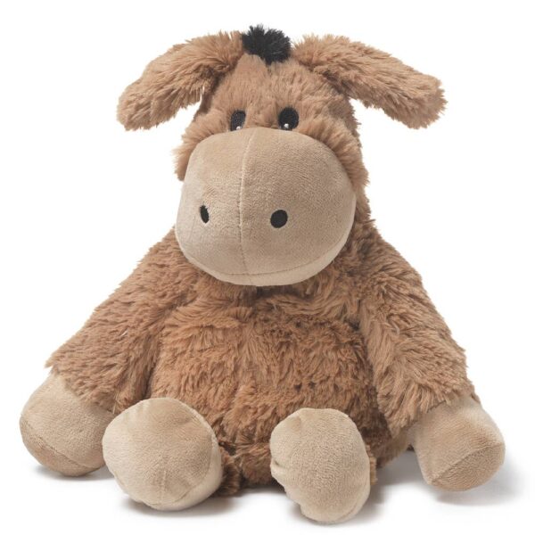 Brown plush donkey toy sitting down.