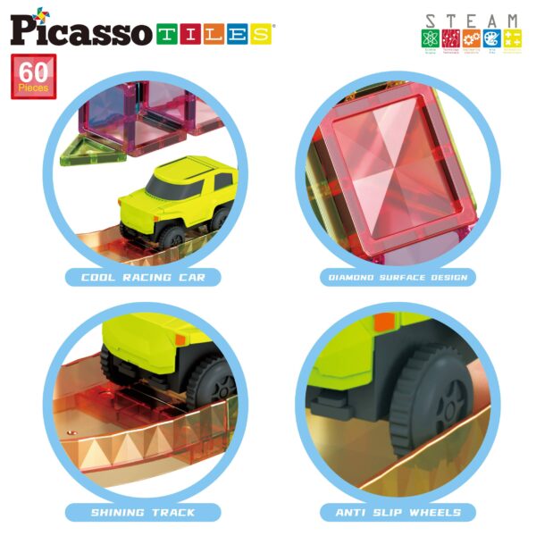 picassotiles 60pc magnet tile race track set led car travel size PicassoTiles toy car building set with diamond design.