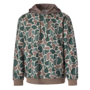 Camouflage pattern hoodie with earthy colors.