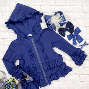 Navy ruffled hoodie with decorative bows