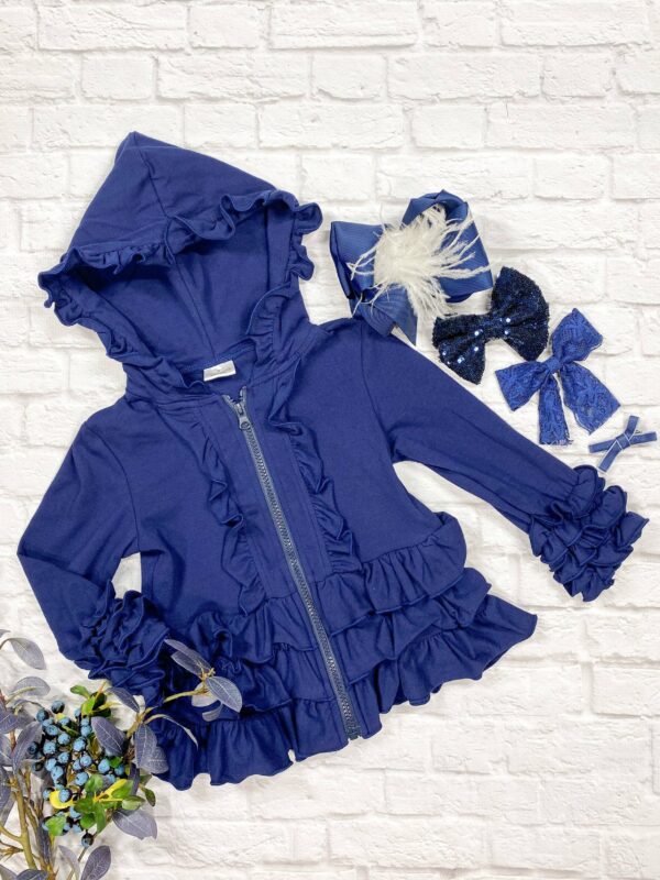 Navy ruffled hoodie with decorative bows