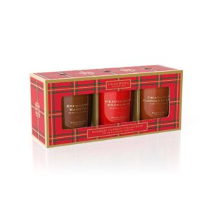 Holiday scented candles gift set in festive packaging.