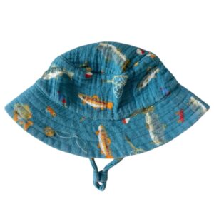 Blue bucket hat with fish pattern.