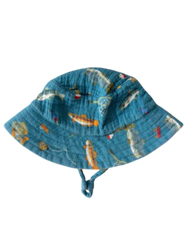 spearmintlove muslin bucket hat, gone fishing Blue bucket hat with fish pattern.