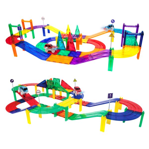 picassotiles 50 piece racetrack Colorful toy car track set with cars and signs.