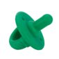 Green silicone pacifier on white background.