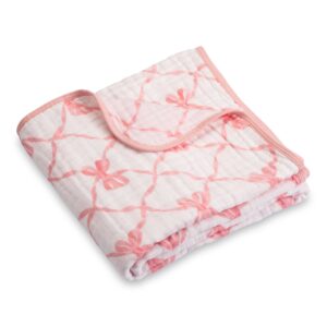 Pink bow-patterned baby blanket, folded neatly.