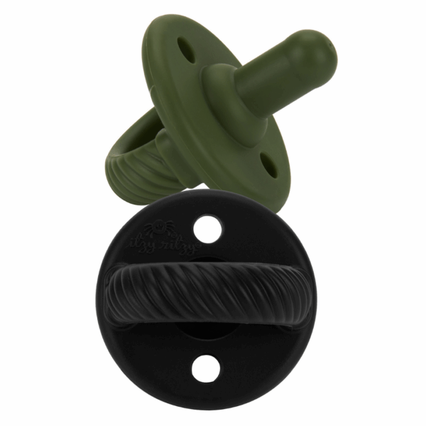itzy ritzy sweetie soother™ pacifier sets (2 pack): agave + succulent cables Two silicone pacifiers, green and black.