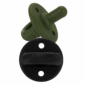 Two silicone pacifiers, olive green and black.