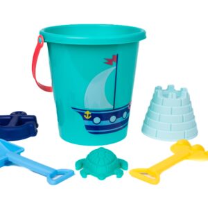 Colorful beach toy set with bucket and molds.