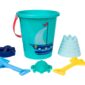 Colorful beach toy set with bucket and molds.