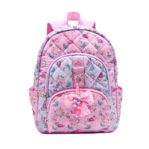 OMG Accessories - Floral Quilted Large Backpack With Bow Charm