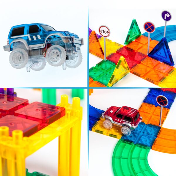 picassotiles 50 piece racetrack Colorful magnetic tiles toy car set