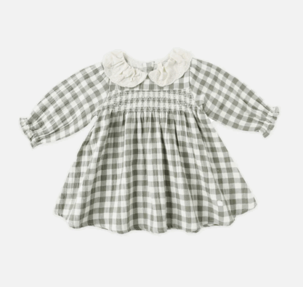 quincy mae forest gingham dress Baby dress with checkered pattern and lace collar.