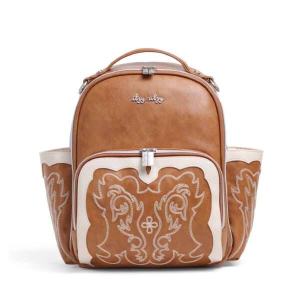 itzy ritzy nash mini plus™ backpack diaper bag Brown leather backpack with embroidered design