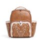 Brown leather backpack with embroidered design