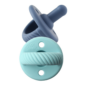 Blue and teal silicone baby pacifiers.