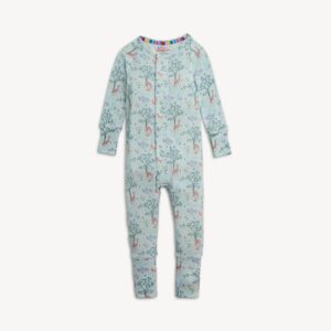 Baby blue floral-patterned onesie with long sleeves.