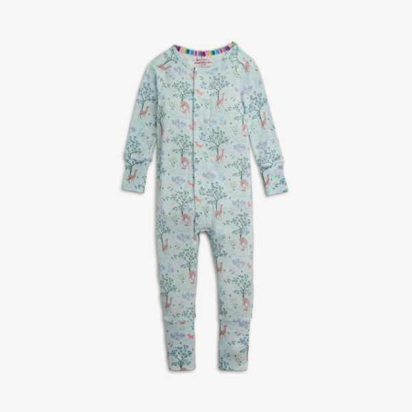 Baby blue floral-patterned onesie with long sleeves.