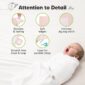Baby swaddle features: durable, soft edges, pacifier loop.