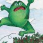 Cartoon frog jumping over trees with shocked expression.