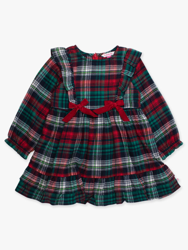 rufflebutts woven long sleeve waterfall bow dress christopher plaid Plaid toddler dress with red and green design